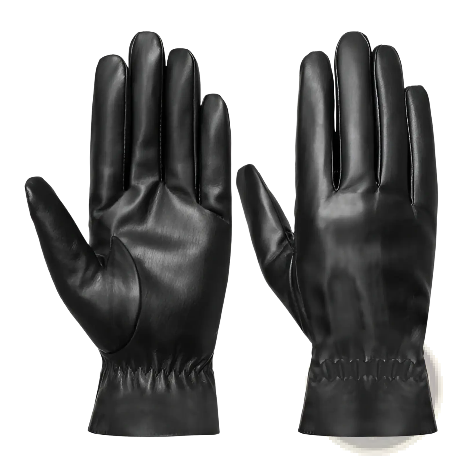 Black leather windproof winter gloves with smooth glossy finish and elasticated cuffs for warm driving use