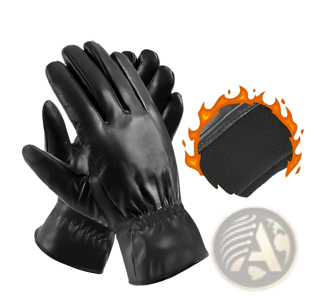 Black leather windproof winter driving gloves with soft napped fabric lining for warmth and skin friendliness