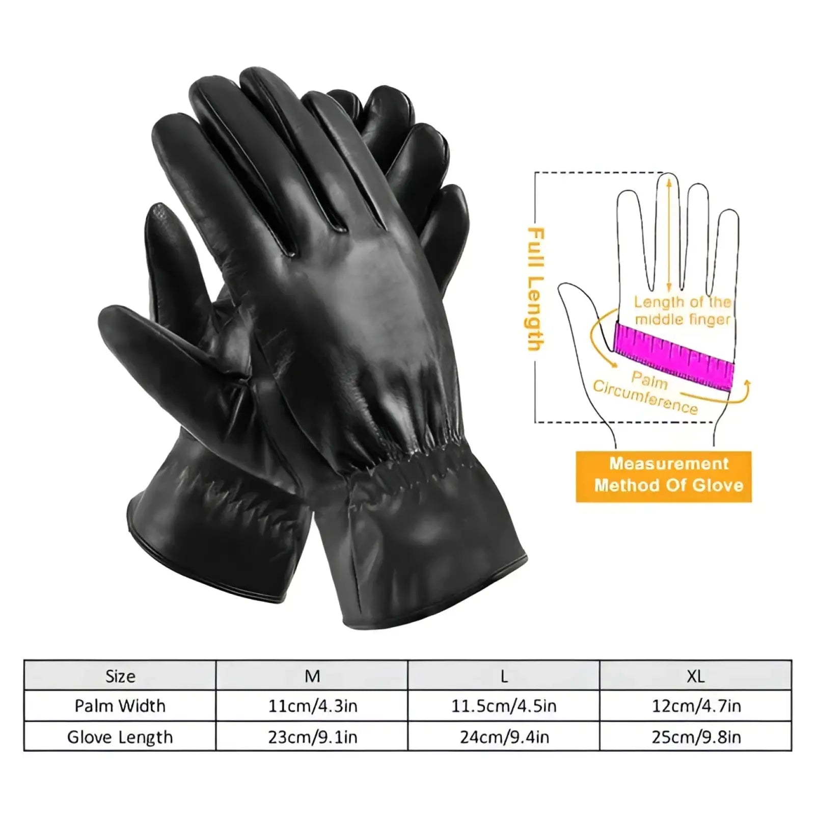 Black leather windproof winter gloves with smooth glossy finish and reinforced stitching for warm driving use