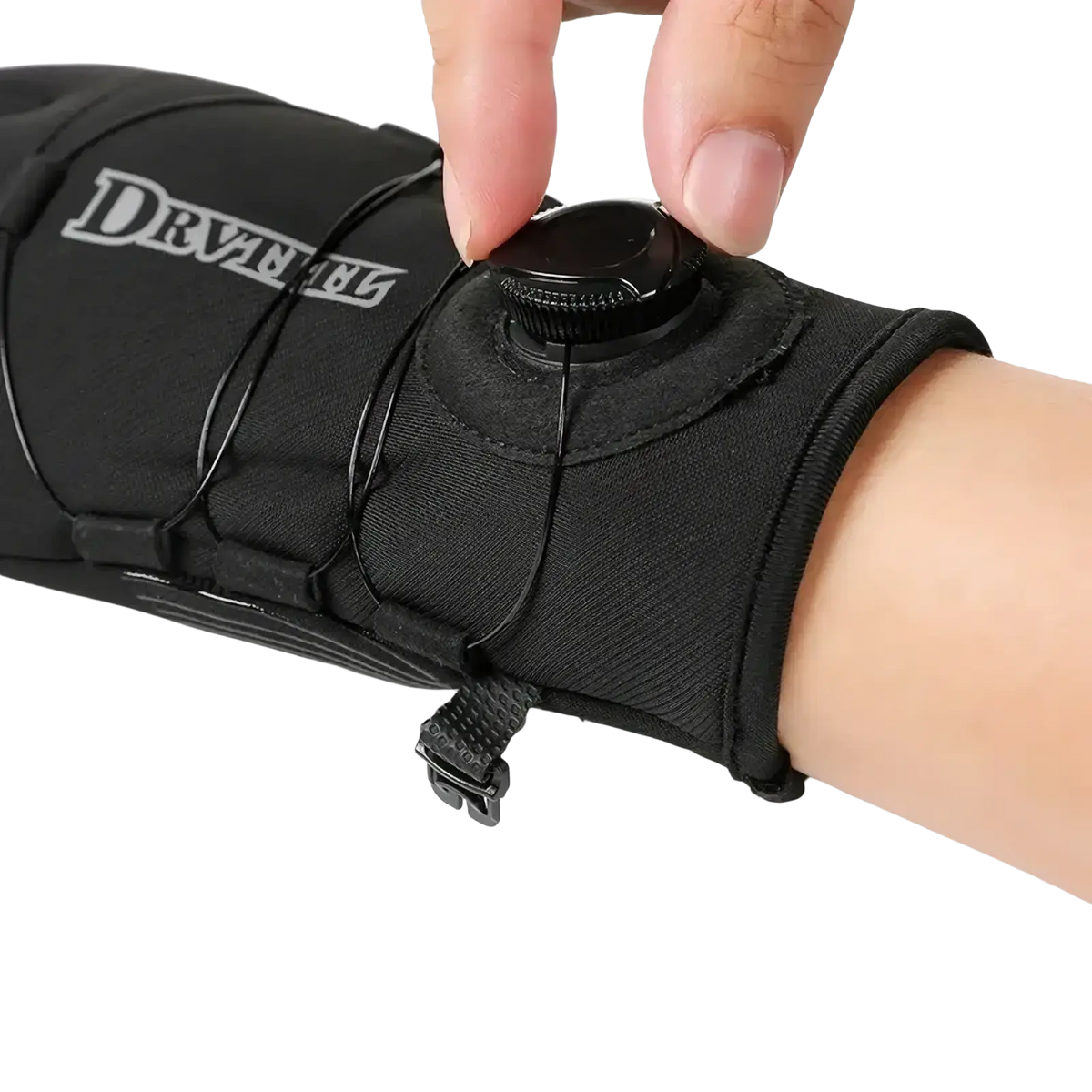 Black driven brand arm-mounted water bottle holder with textured grip and adjustable strap for windproof thermal cycling gloves use