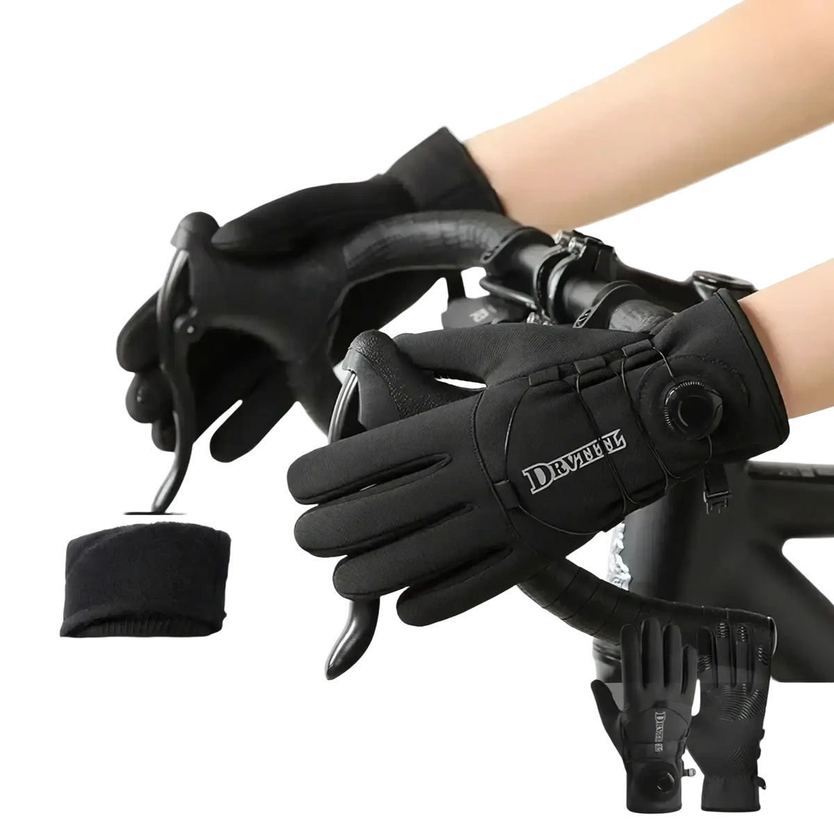 Black windproof thermal cycling gloves with reinforced fingertips and adjustable wrist straps for cold weather use