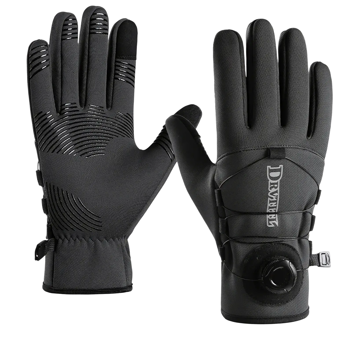 Black windproof thermal cycling gloves with textured grip patterns and adjustable wrist strap shown from back side