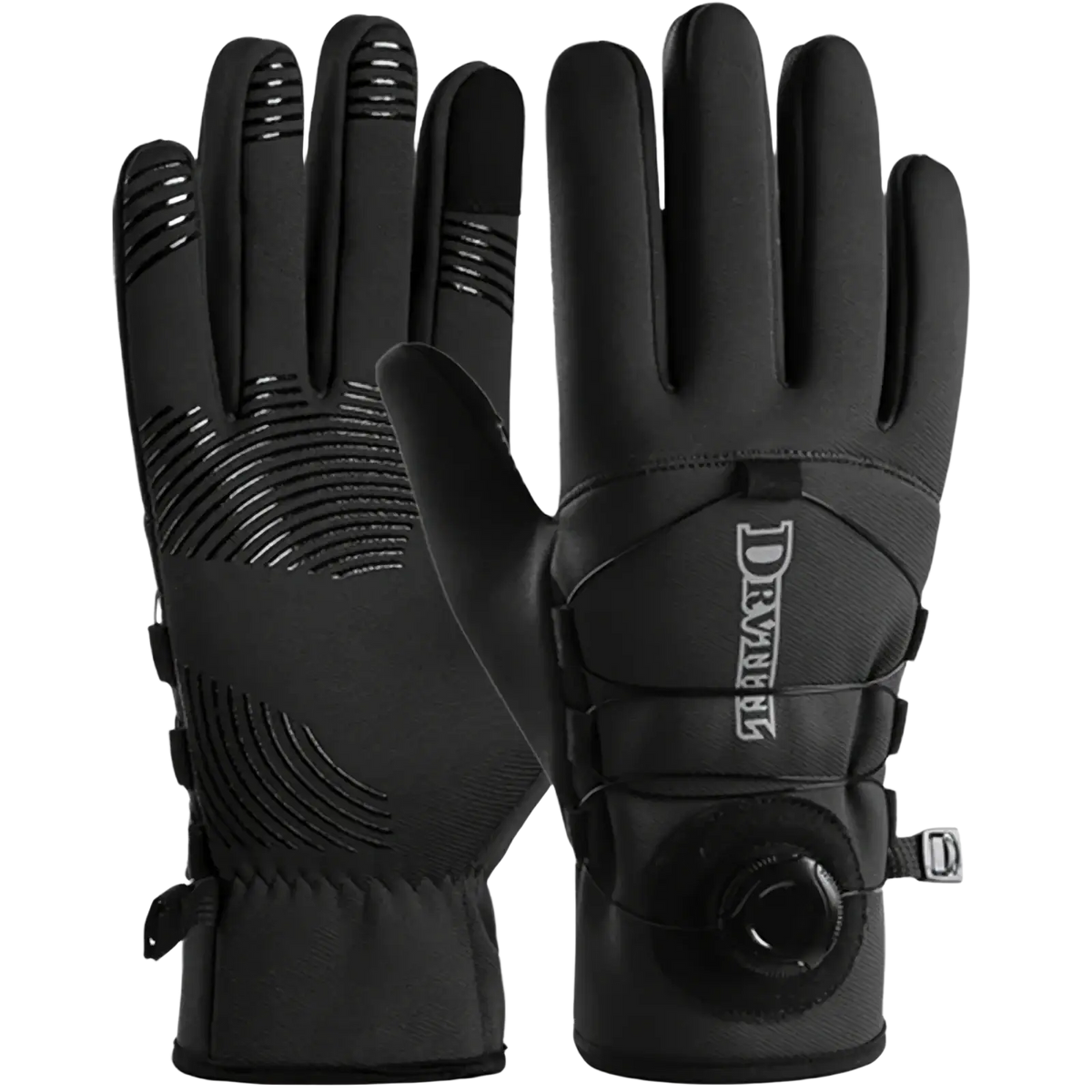 Black windproof thermal cycling gloves made of drywell material with textured grip and circular wrist ventilation valve visible from back side