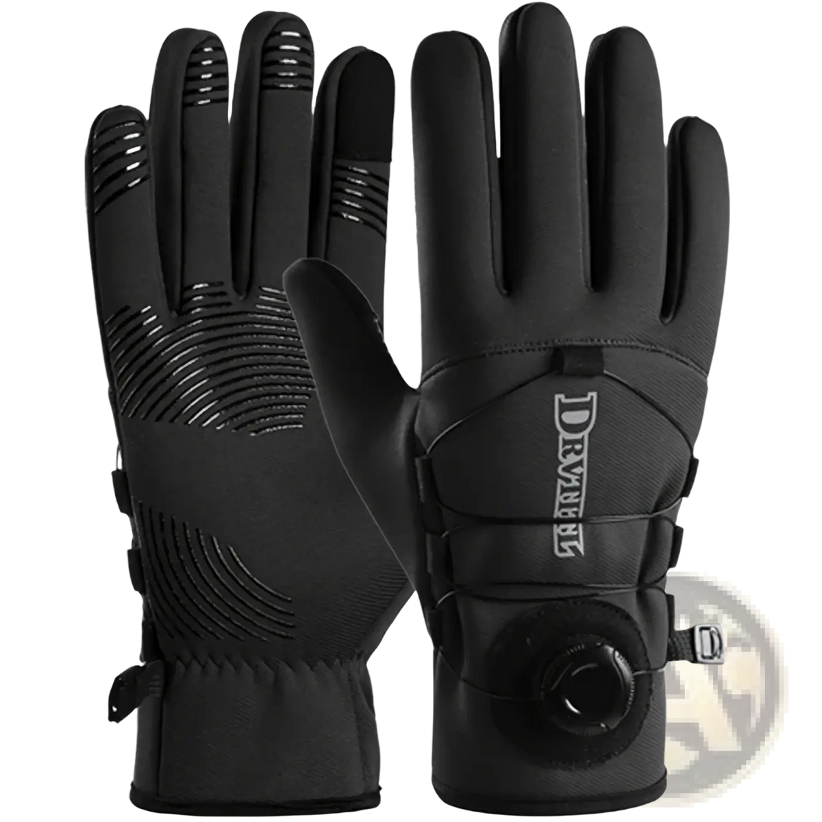Black windproof thermal cycling gloves made of drywell material with textured grip and circular wrist ventilation valve visible from back side