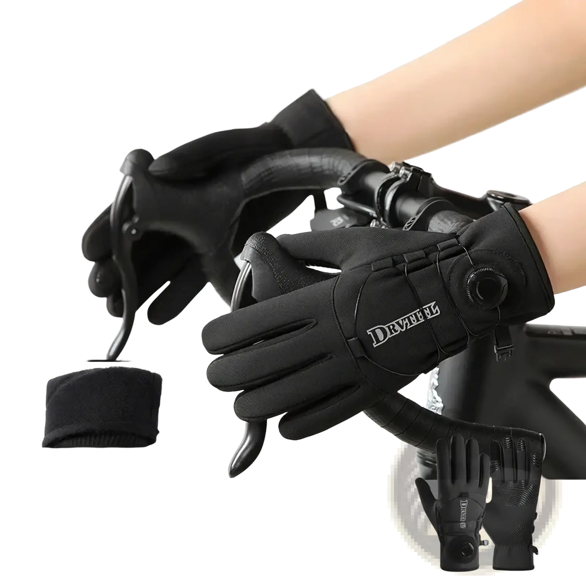 Back side of black windproof thermal cycling gloves with fleece-lined thickened wrist cuff featuring drive el logo