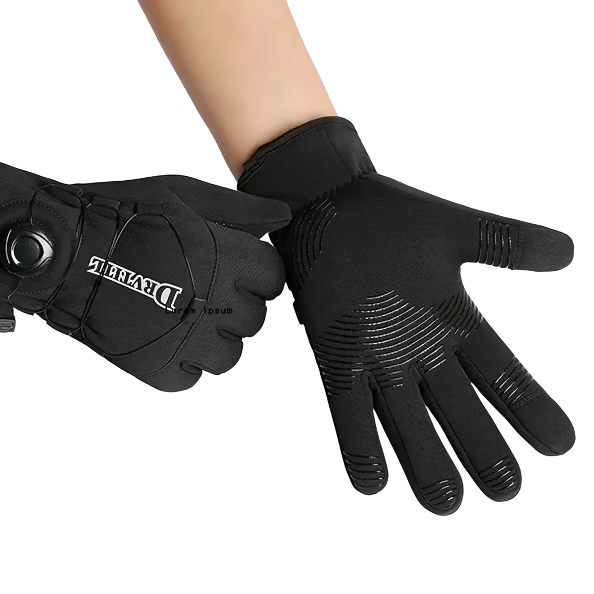 Black windproof thermal cycling gloves with reinforced fingers and branded logo on the back side for cold weather use