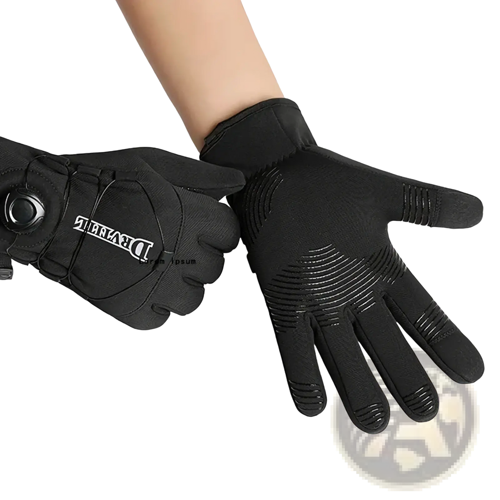 Black windproof thermal cycling gloves with textured non-slip palms and reinforced fingertips for enhanced grip