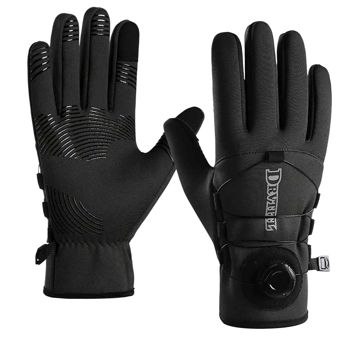 Black windproof thermal cycling gloves showing back side with touchscreen fingertips textured grip and adjustable strap