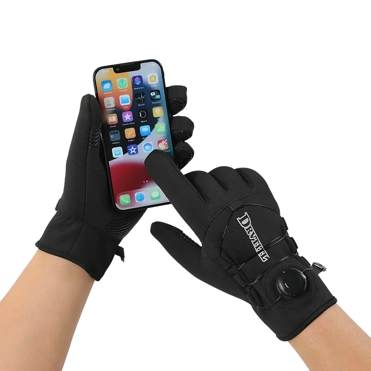 Black windproof thermal cycling gloves with touchscreen reinforced fingertips and branded wrist strap shown from the back side