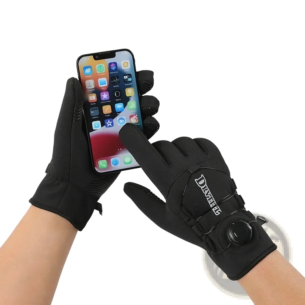Black windproof thermal cycling gloves with touchscreen reinforced fingertips and branded wrist strap shown from the back side