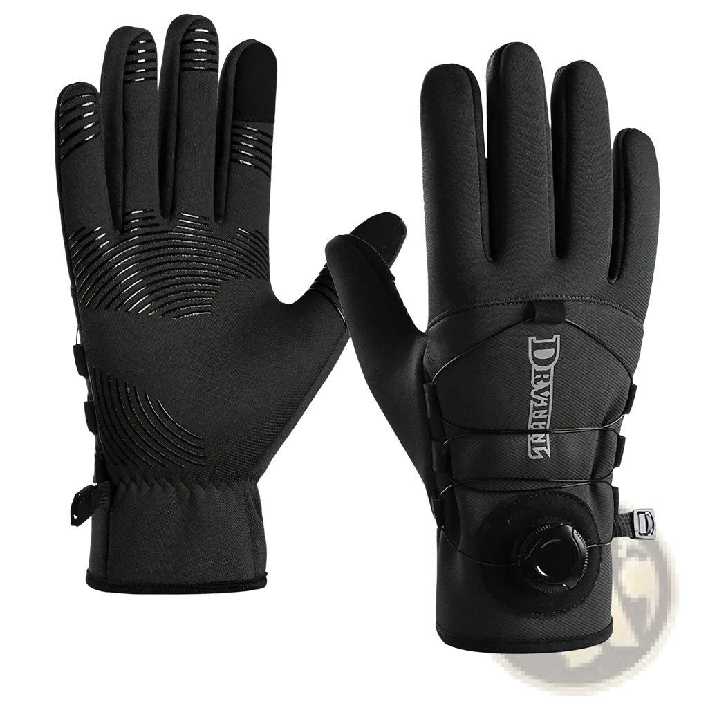 Black windproof thermal cycling gloves showing back side with touchscreen fingertips textured grip and adjustable strap