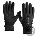 Black windproof thermal cycling gloves showing back side with touchscreen fingertips textured grip and adjustable strap
