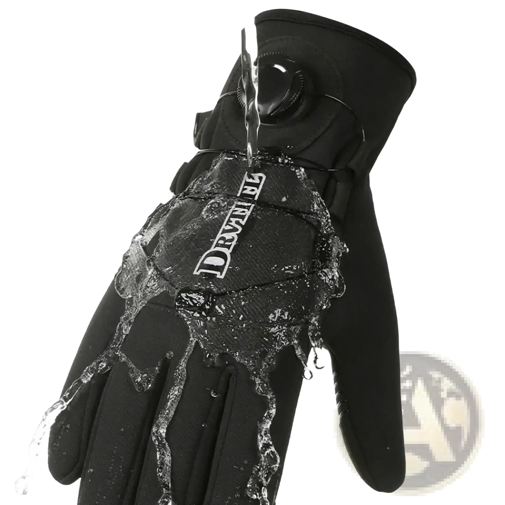 Black windproof thermal cycling glove with textured waterproof fabric and prominent brand logo on the back side