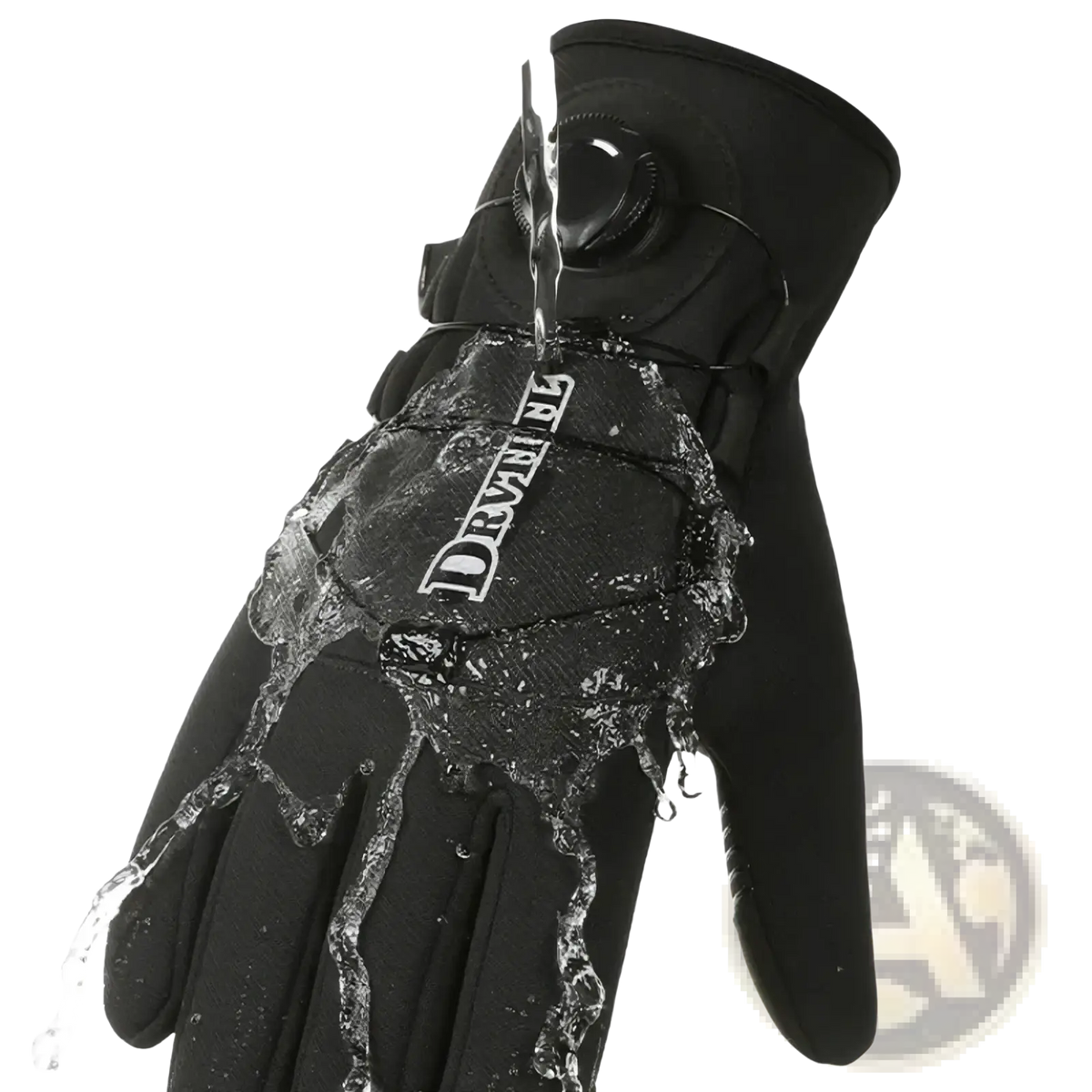 Black windproof thermal cycling glove with textured waterproof fabric and prominent brand logo on the back side