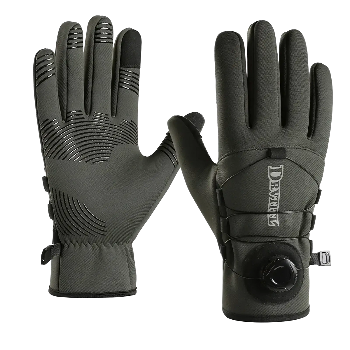 Dark gray windproof thermal cycling gloves with reinforced fingertips breathable adjustable wrist shown from back side