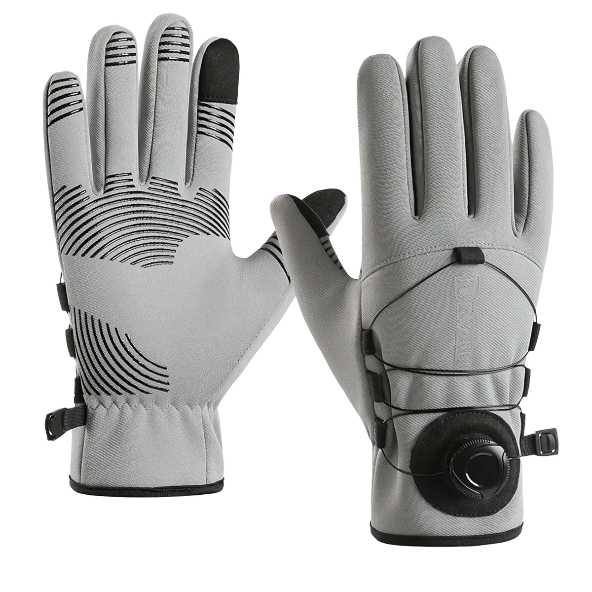 Back of gray windproof thermal cycling gloves with black accents and circular wrist adjustment dial