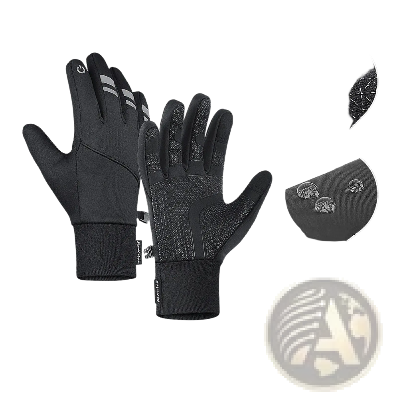Black windproof thermal touchscreen winter gloves with textured grip and water-resistant fabric shown from the back side