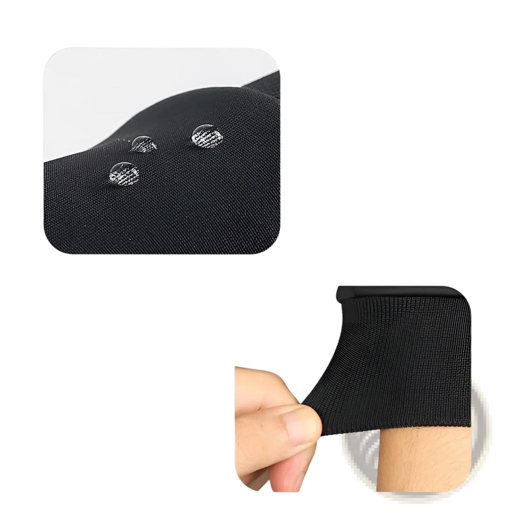 Black stretchy knit fabric sleeve of windproof thermal touchscreen winter gloves with smooth texture and water-resistant finish
