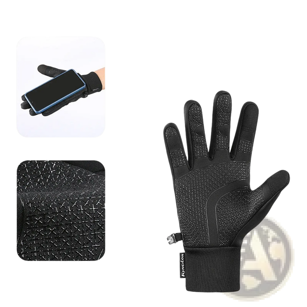 Black windproof thermal touchscreen winter gloves with textured reinforced palm and finger design for enhanced grip