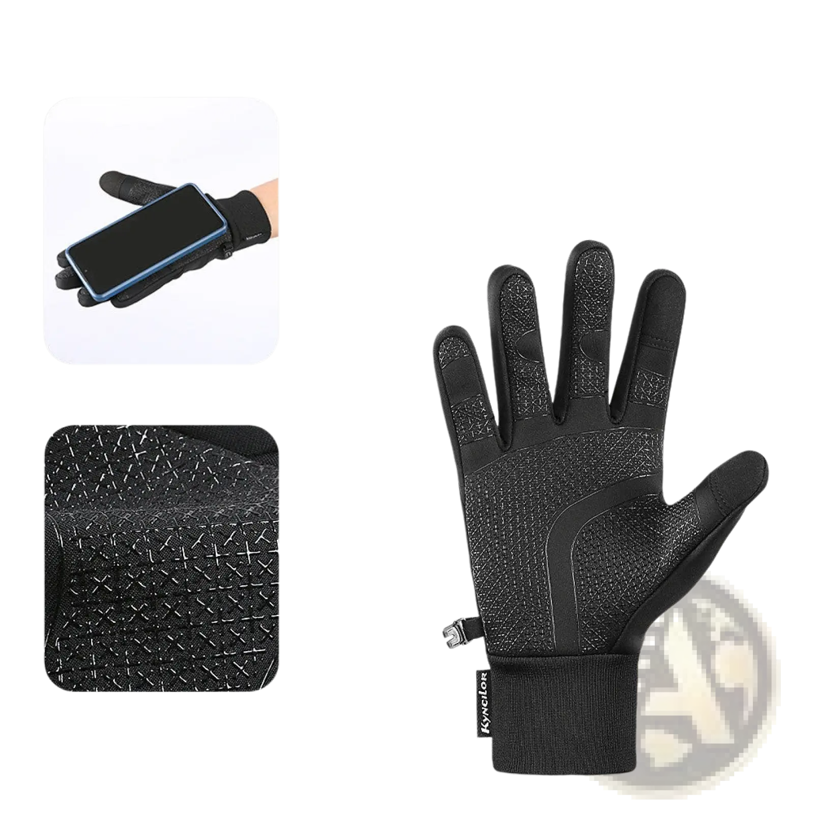 Black windproof thermal touchscreen winter gloves with textured reinforced palm and finger design for enhanced grip