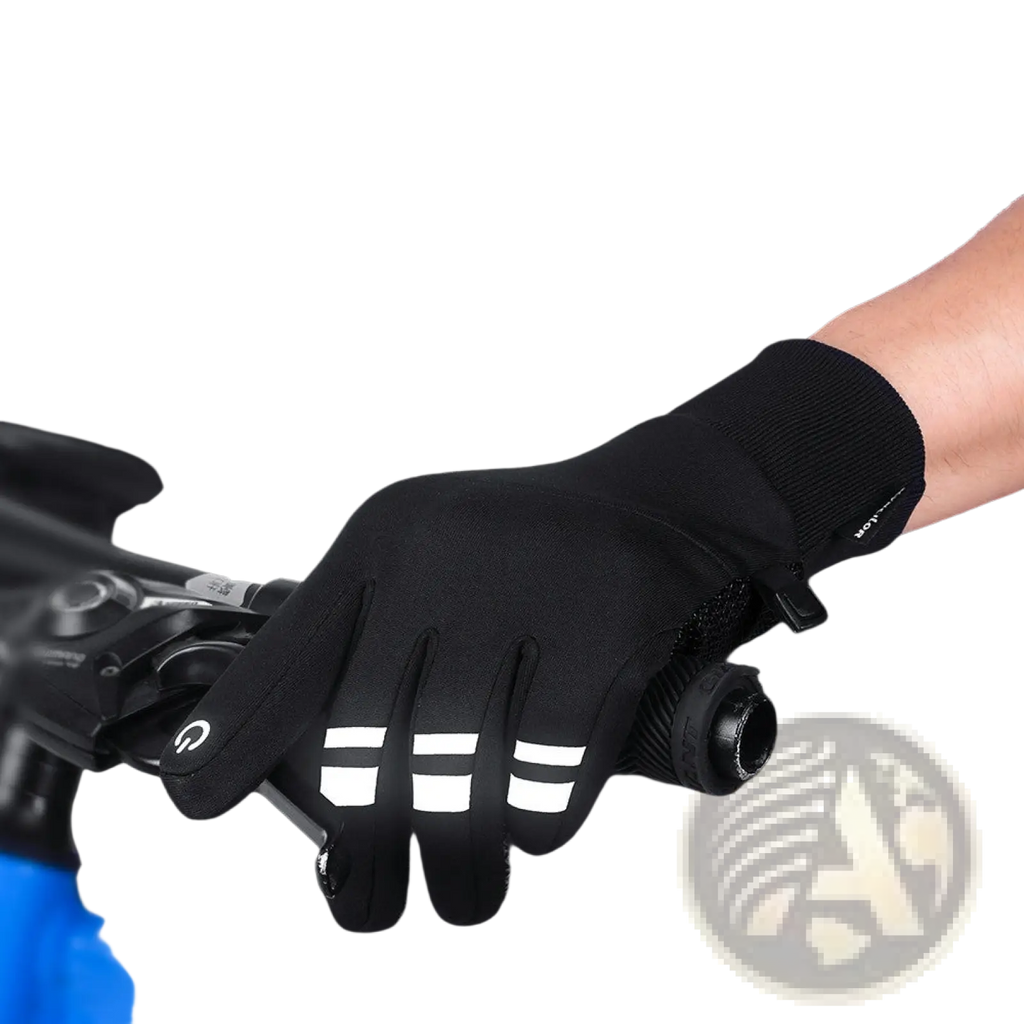 Black windproof thermal touchscreen winter glove showing back side with reflective white stripes and textured wrist cuff