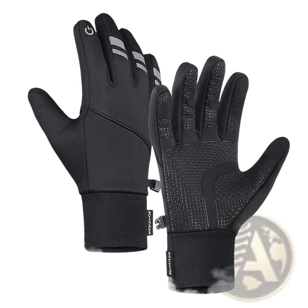 Black windproof thermal touchscreen winter gloves with gray reflective stripes and textured grip panels shown from back side