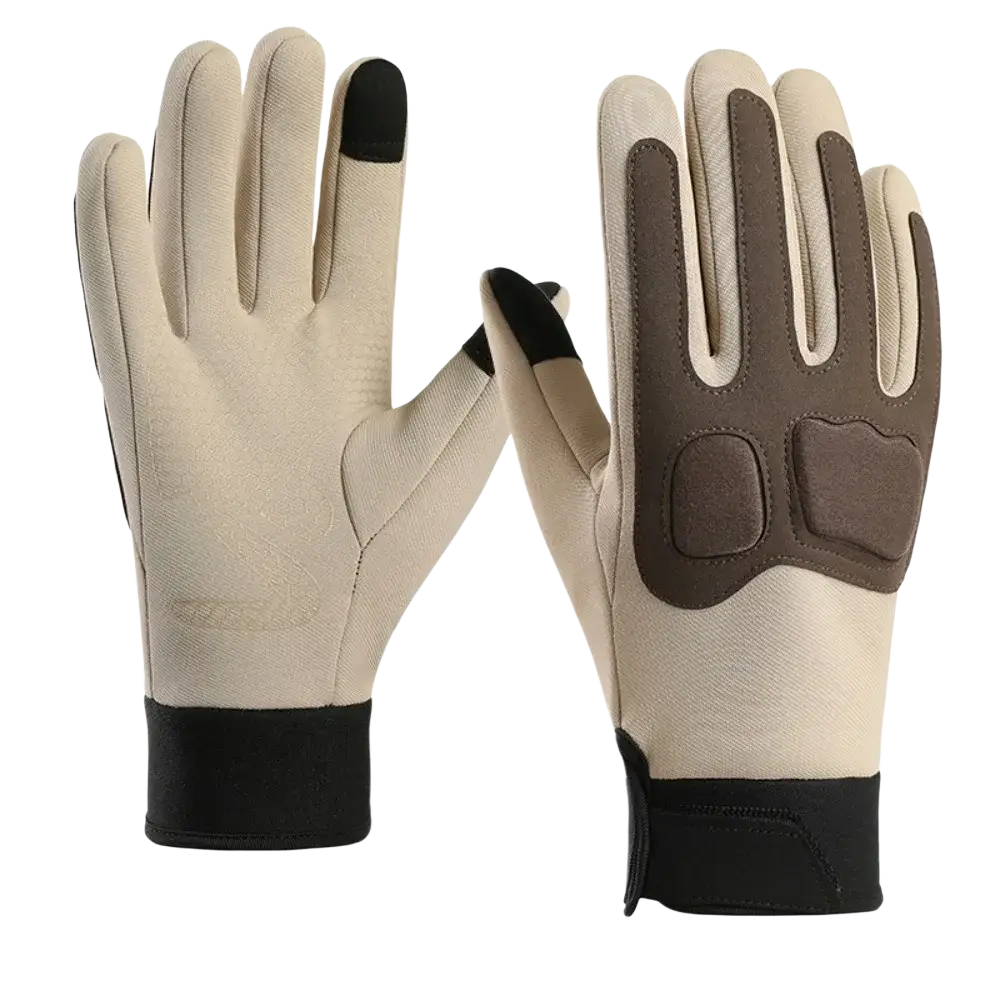 Beige and brown windproof touch screen winter cycling gloves with black fingertips and wrist cuffs shown from the back side