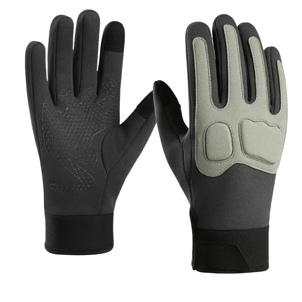 Black and gray windproof touchscreen winter cycling gloves with reinforced palm padding showing the back side