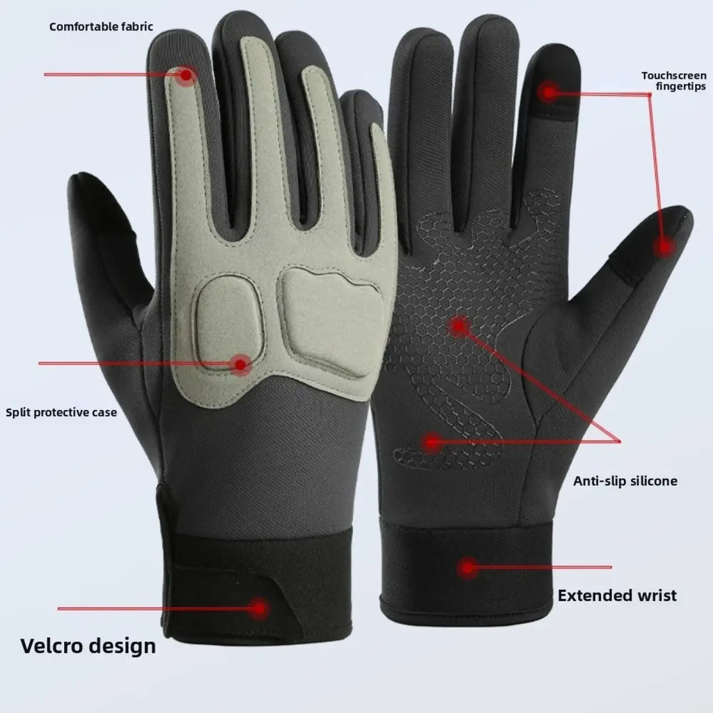 Black and gray windproof touchscreen winter cycling gloves with reinforced palm padding and anti-slip silicone fingertips