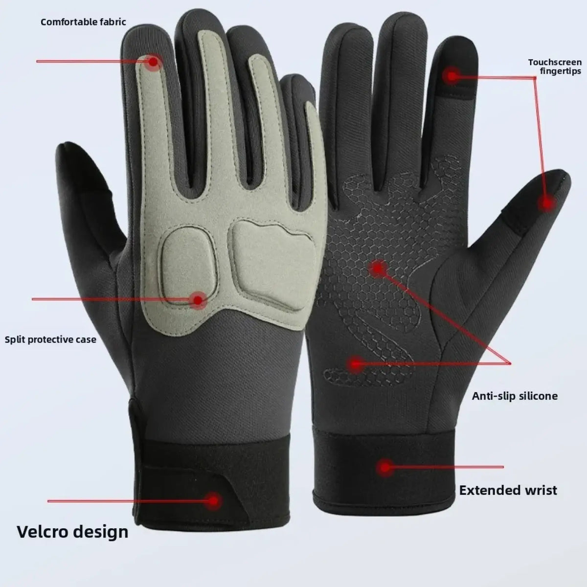 Black and gray windproof touchscreen winter cycling gloves with reinforced palm padding and anti-slip silicone fingertips
