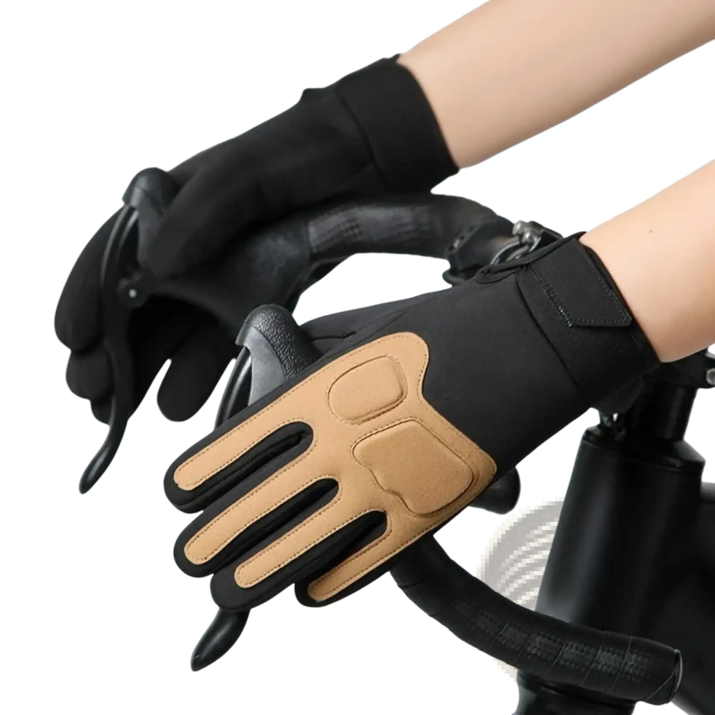 Black and tan windproof touch screen winter cycling gloves with reinforced palm patches for grip show back side
