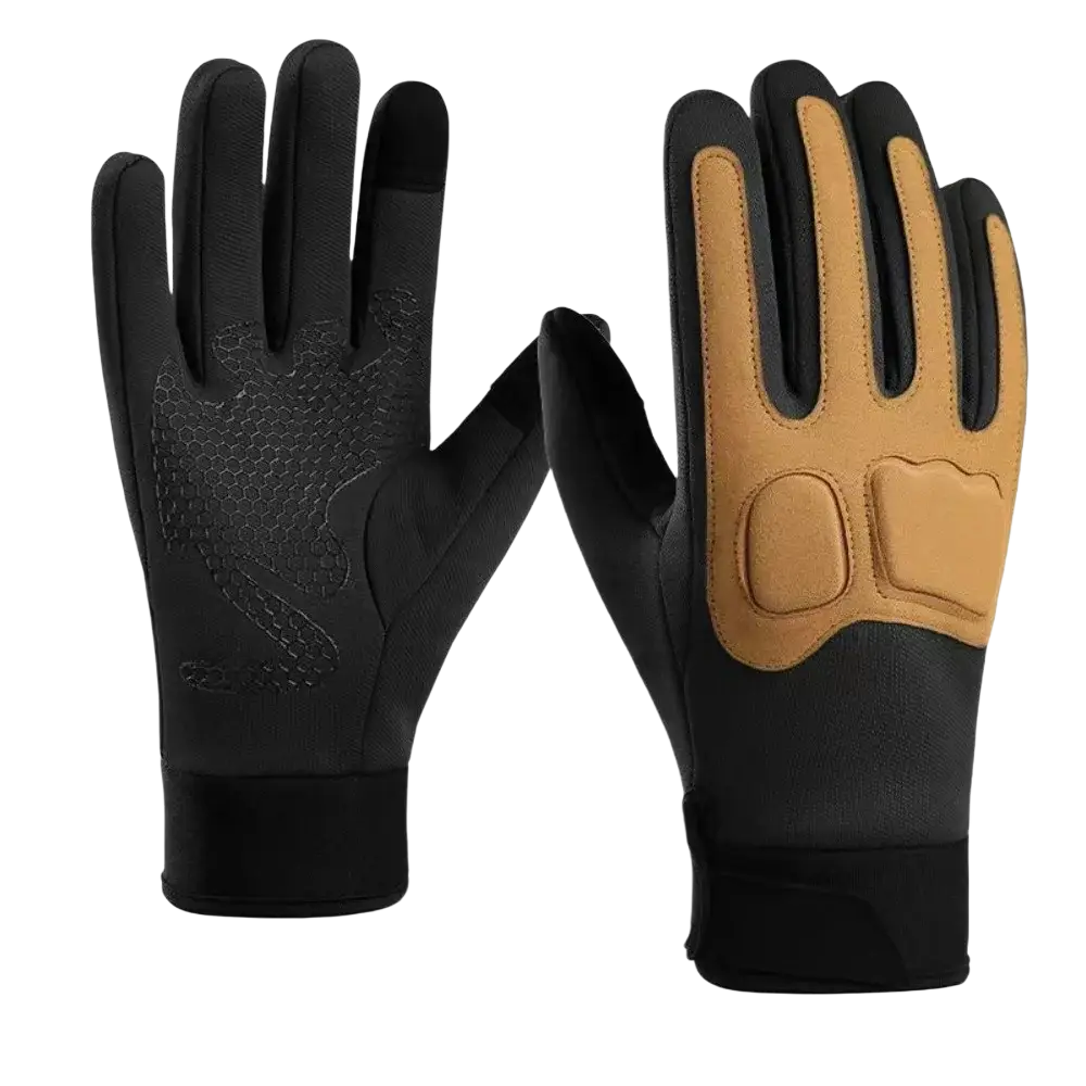 Black and tan windproof touchscreen winter cycling gloves with reinforced palm padding shown from the back side