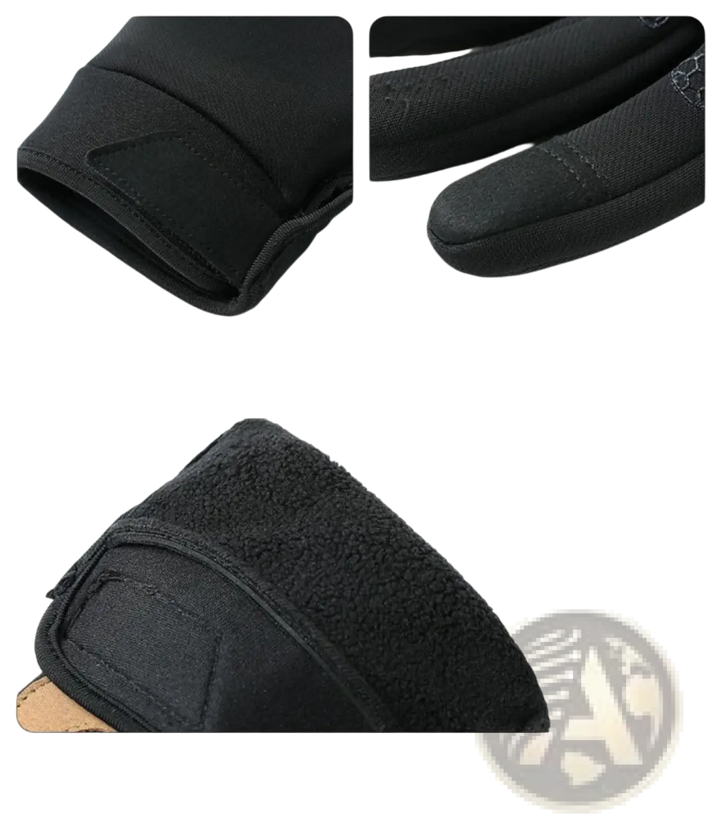 Black windproof touchscreen winter cycling gloves with fleece lining and velcro closure shown from the back side