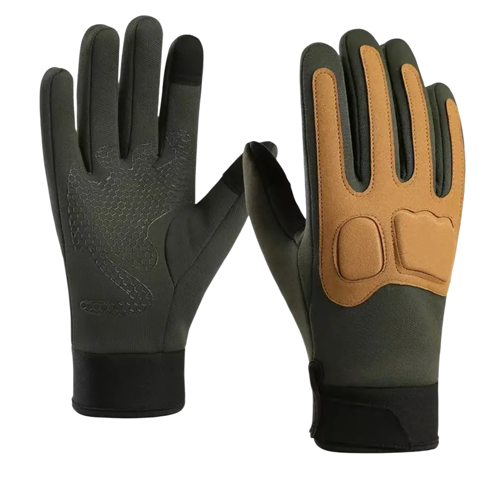Dark green and tan windproof touch screen winter cycling gloves unisex with reinforced palm padding and textured grip