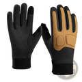Black and tan windproof touchscreen winter cycling gloves with reinforced palm padding shown from the back side