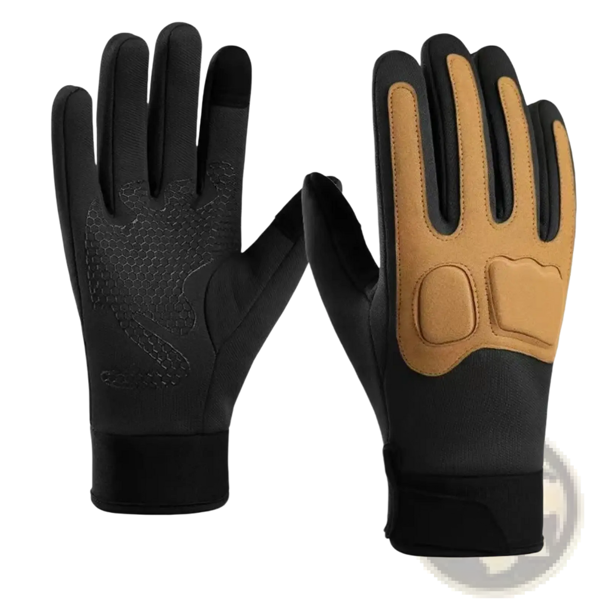 Black and tan windproof touchscreen winter cycling gloves with reinforced palm padding shown from the back side