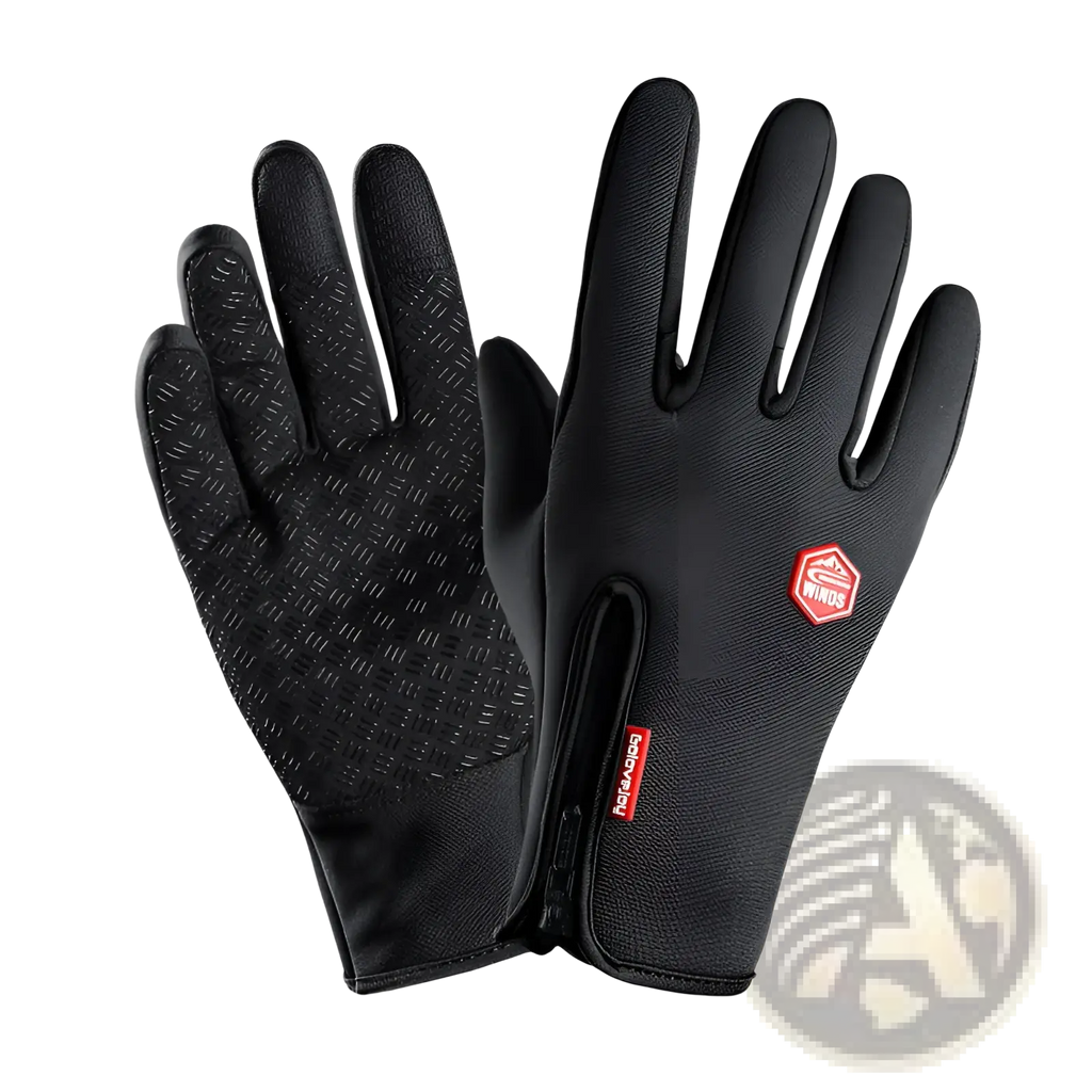 Black waterproof windproof touchscreen cycling gloves with textured palm grip and red logo patch shown from the back side