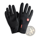 Black waterproof windproof touchscreen cycling gloves with textured palm grip and red logo patch shown from the back side
