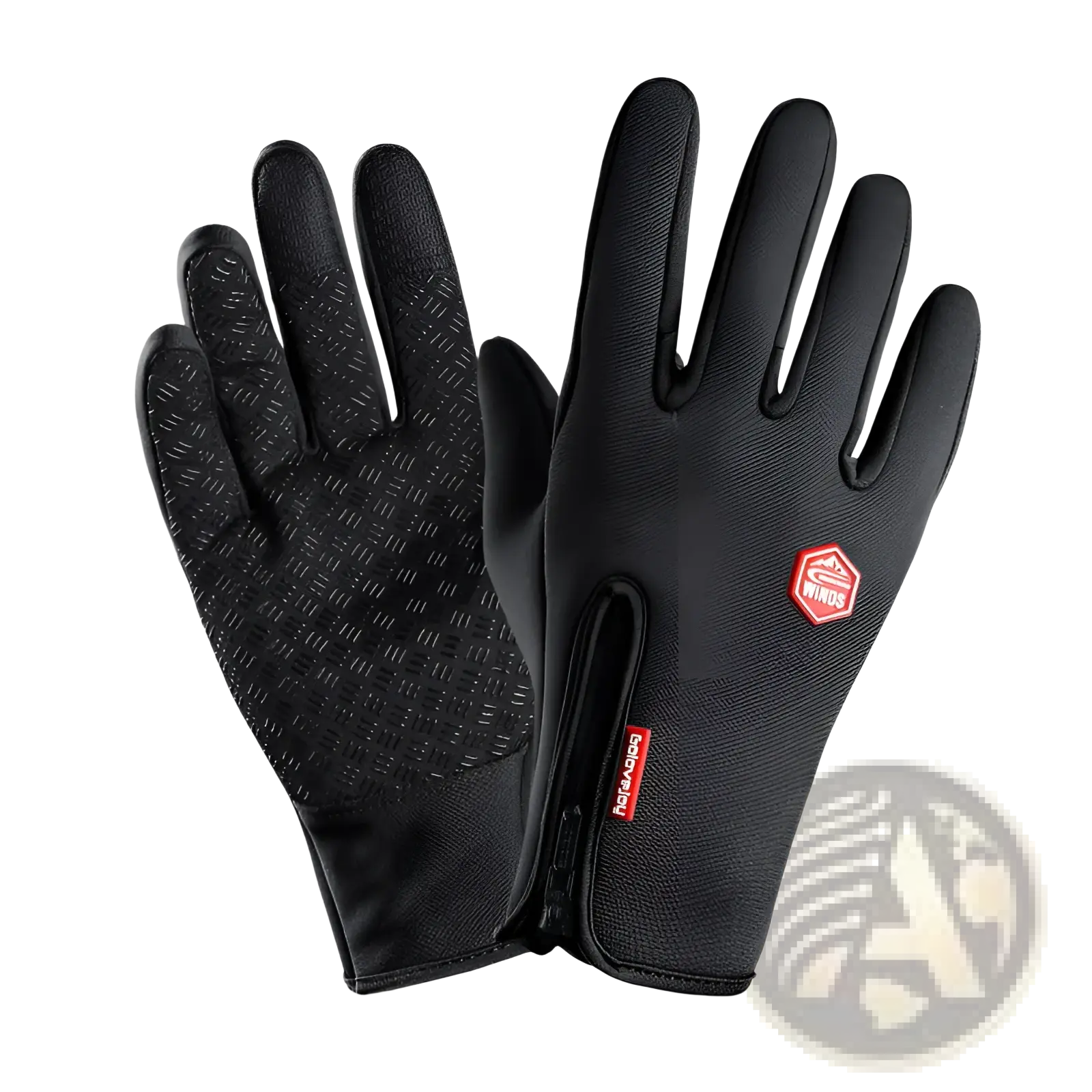Black waterproof windproof touchscreen cycling gloves with textured palm grip and red logo patch shown from the back side