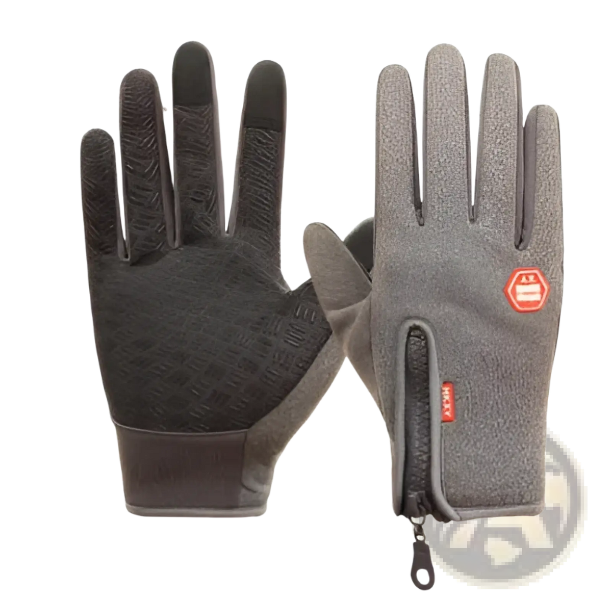Back side of gray windproof touchscreen cycling gloves with black textured fingertips and zippered pocket on the hand