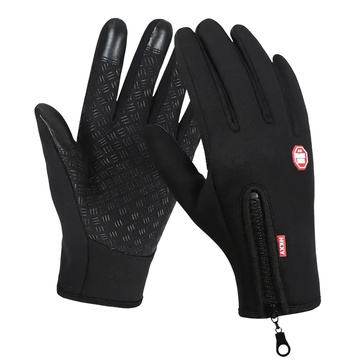 Black windproof touchscreen cycling gloves with textured grip and zippered wrist pocket for men and women