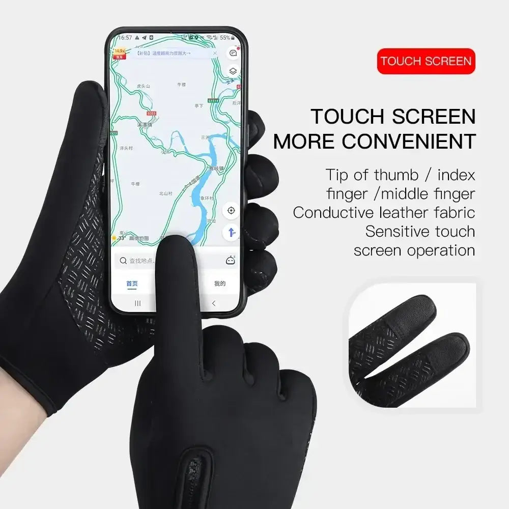 Black windproof touchscreen cycling gloves with conductive leather fingertips for sensitive touch screen operation