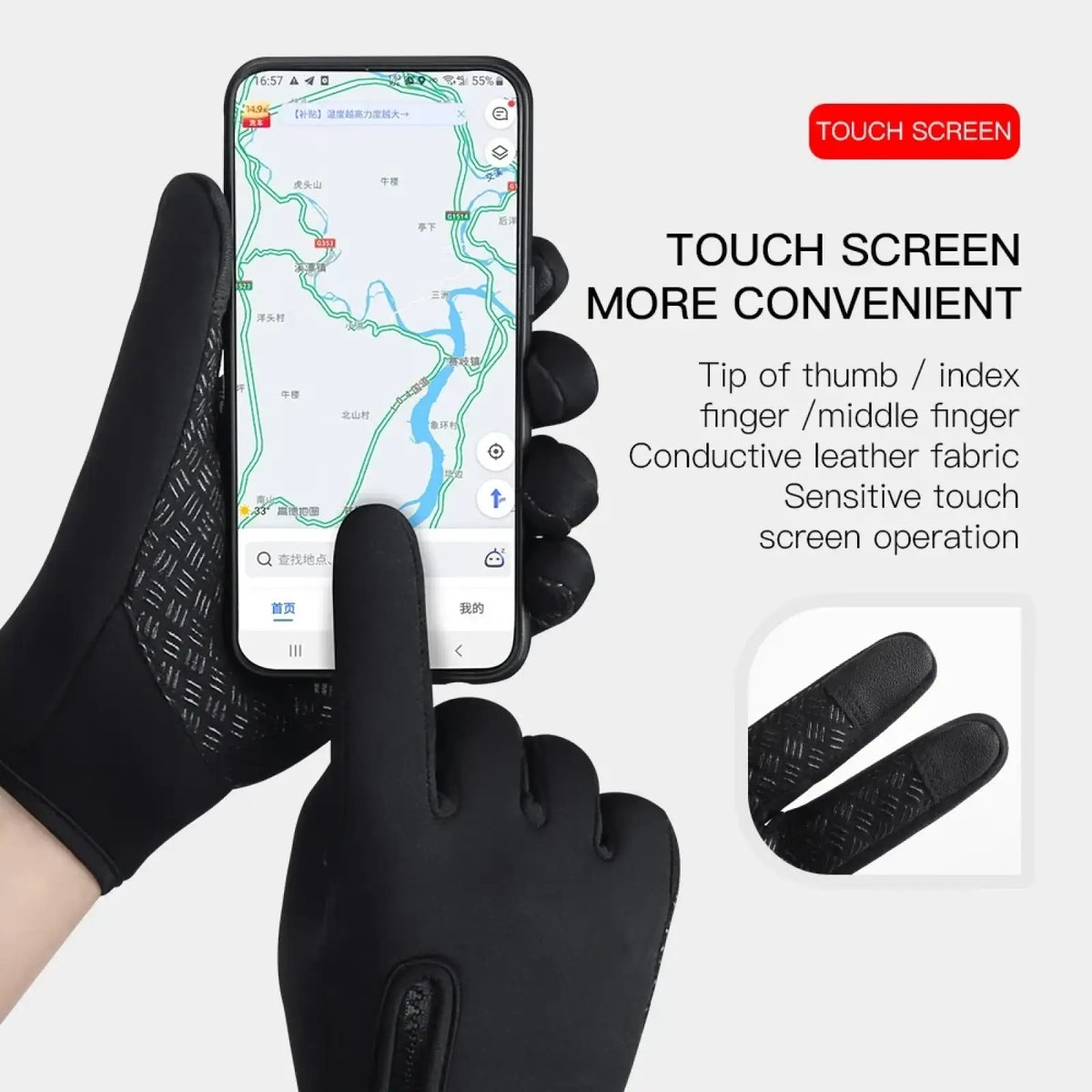 Black windproof touchscreen cycling gloves with conductive leather fingertips for sensitive device operation