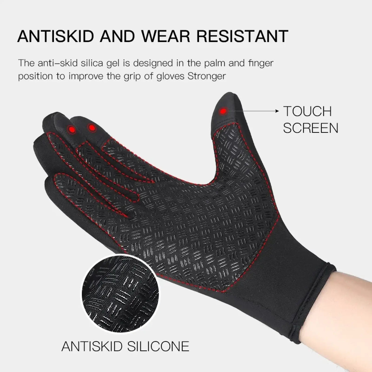 Black windproof touchscreen cycling glove with red stitching and textured silicone palm for men and women
