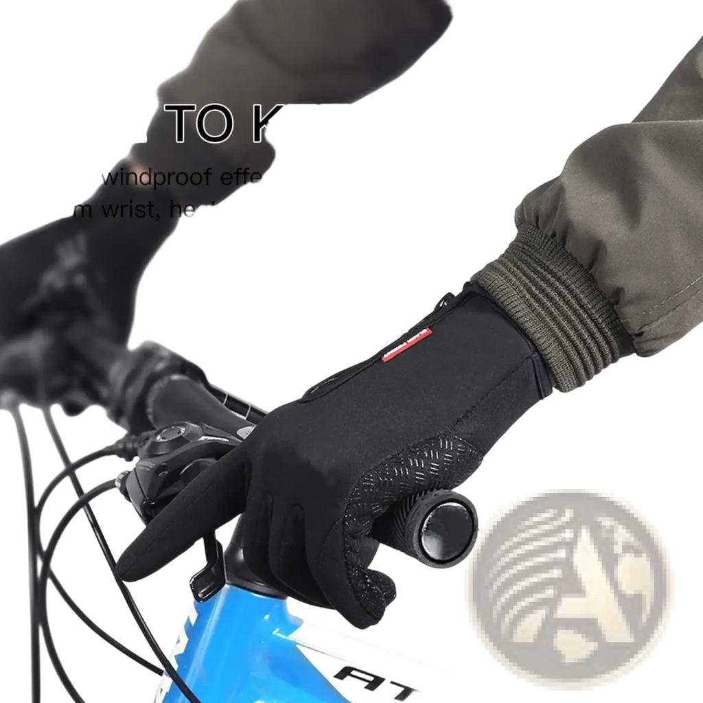 Black windproof touchscreen cycling glove with textured grip palm and zipper lock wrist for men and women