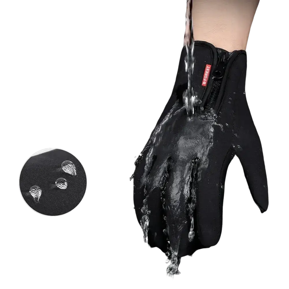 Black windproof touchscreen cycling gloves with zipper closure textured surface and forest brand label for men and women