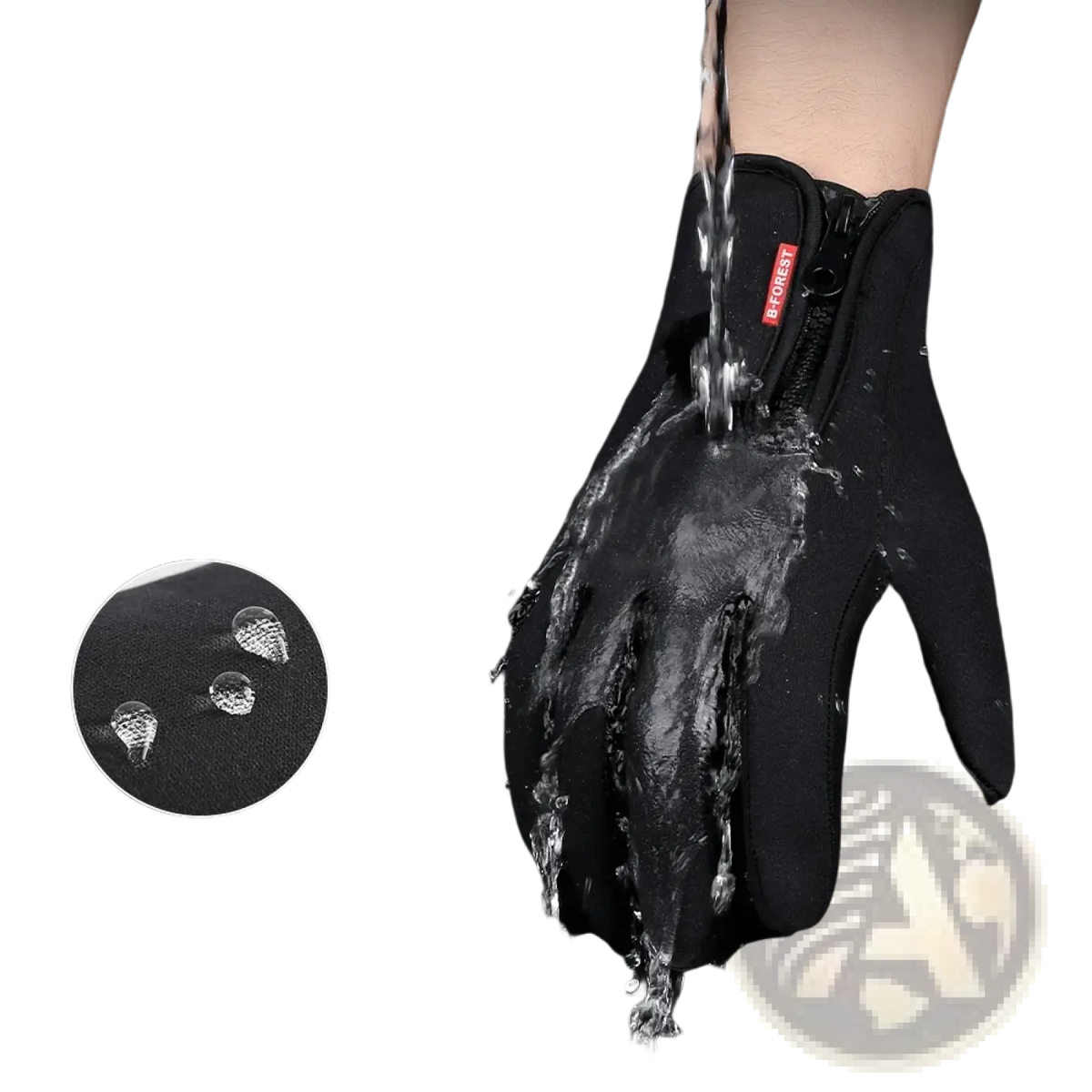 Black waterproof fabric windproof touchscreen cycling glove with zipper closure and red brand tag shown from back side