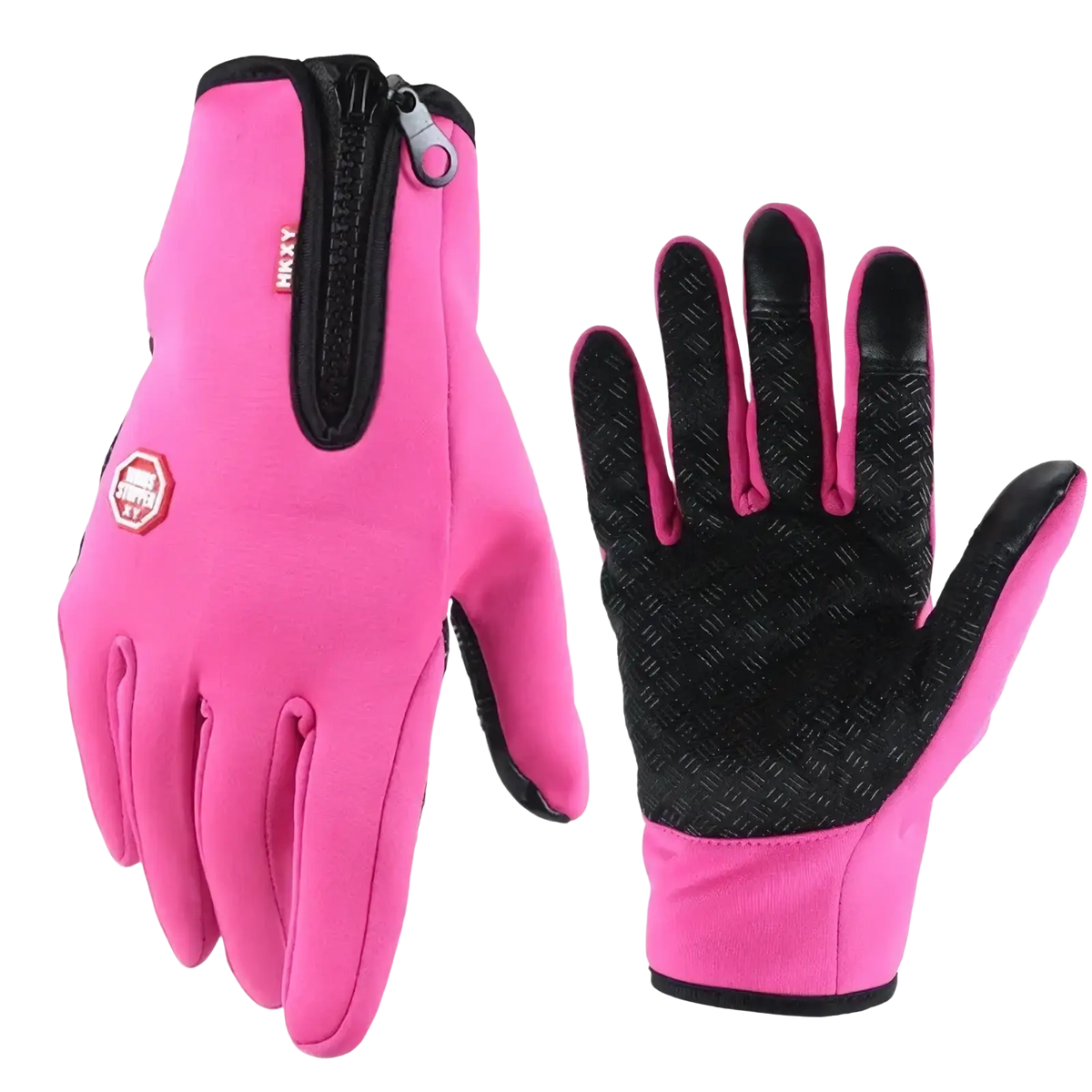 Bright pink and black windproof touchscreen cycling gloves with textured grip palms and zipper wrist closure