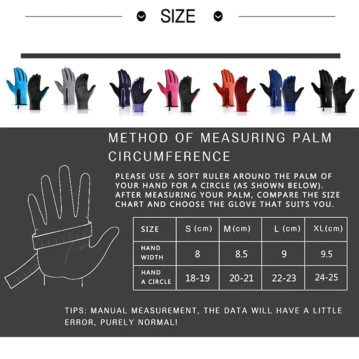 A collection of colorful, waterproof windproof touchscreen cycling gloves for men and women in various hues including blue, gray, black, pink, orange, and red