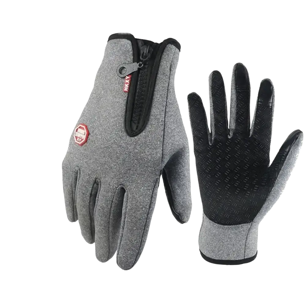 Gray windproof touchscreen cycling gloves with black textured fingertips and zippered wrist for men and women